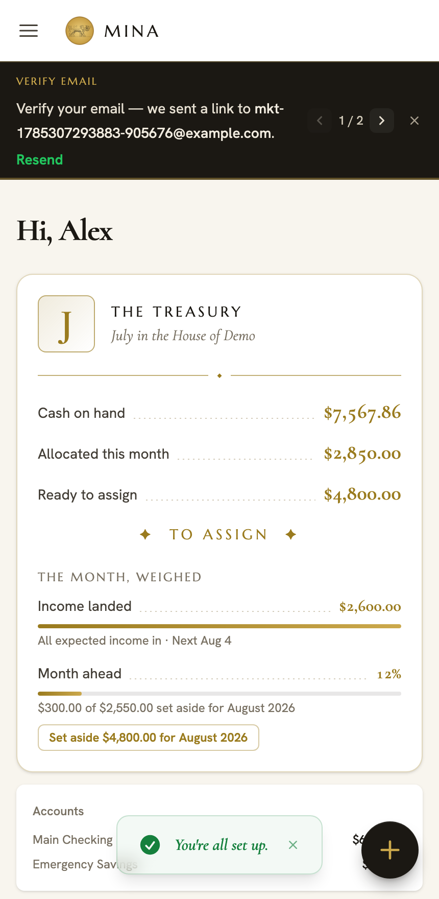 The Mina dashboard on a phone: “You're in the green — every envelope is within budget,” above real account balances and a month-ahead card.